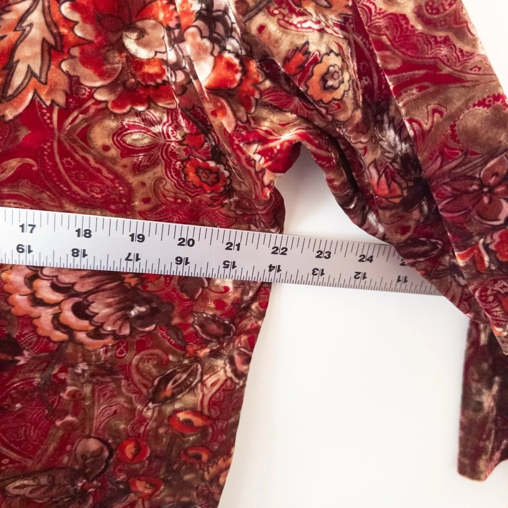 Vintage 90s Velvet Floral Top Womens L Dark Red Gold Paisley Witchy Romantic - Picture 10 of 11
